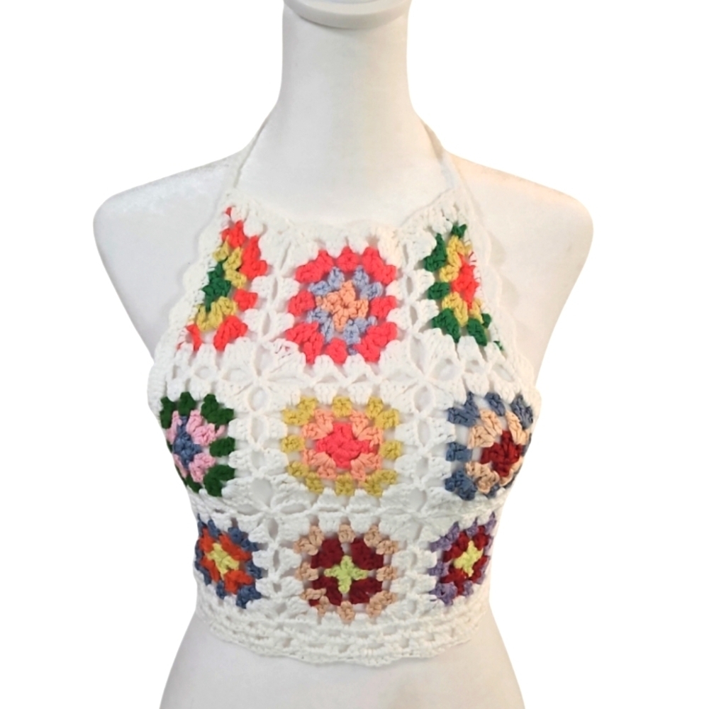 Handmade Crochet Halter Top Granny Square Floral Multicored Boho Bikini Top